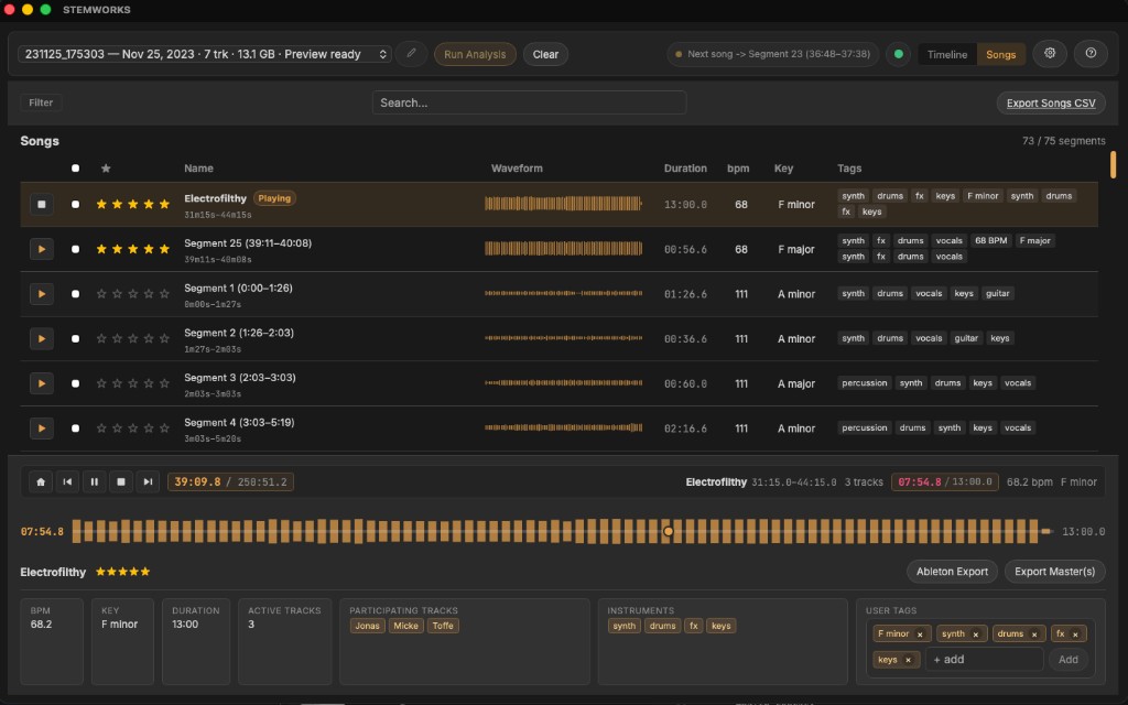 STEMWORKS multitrack timeline showing jam session analysis with waveforms, segments, tempo and key detection